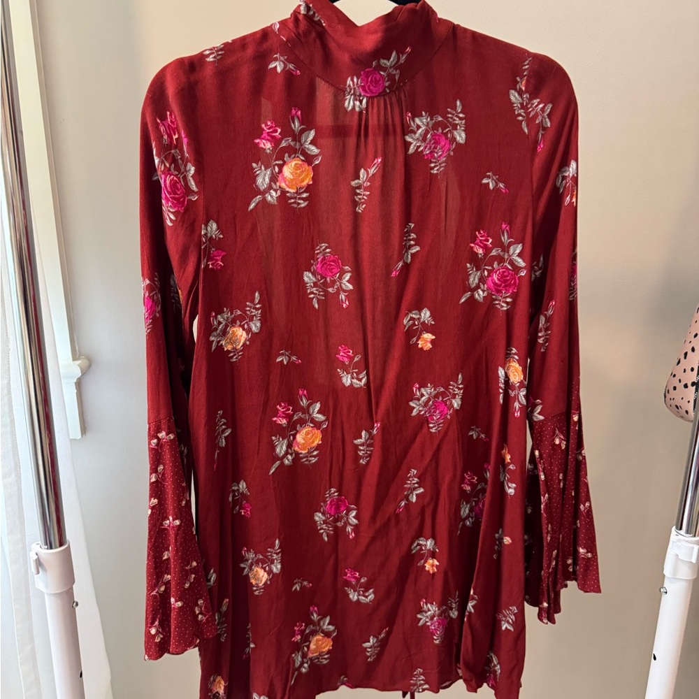 Free People Burgundy Floral Mock Neck Tunic/dress